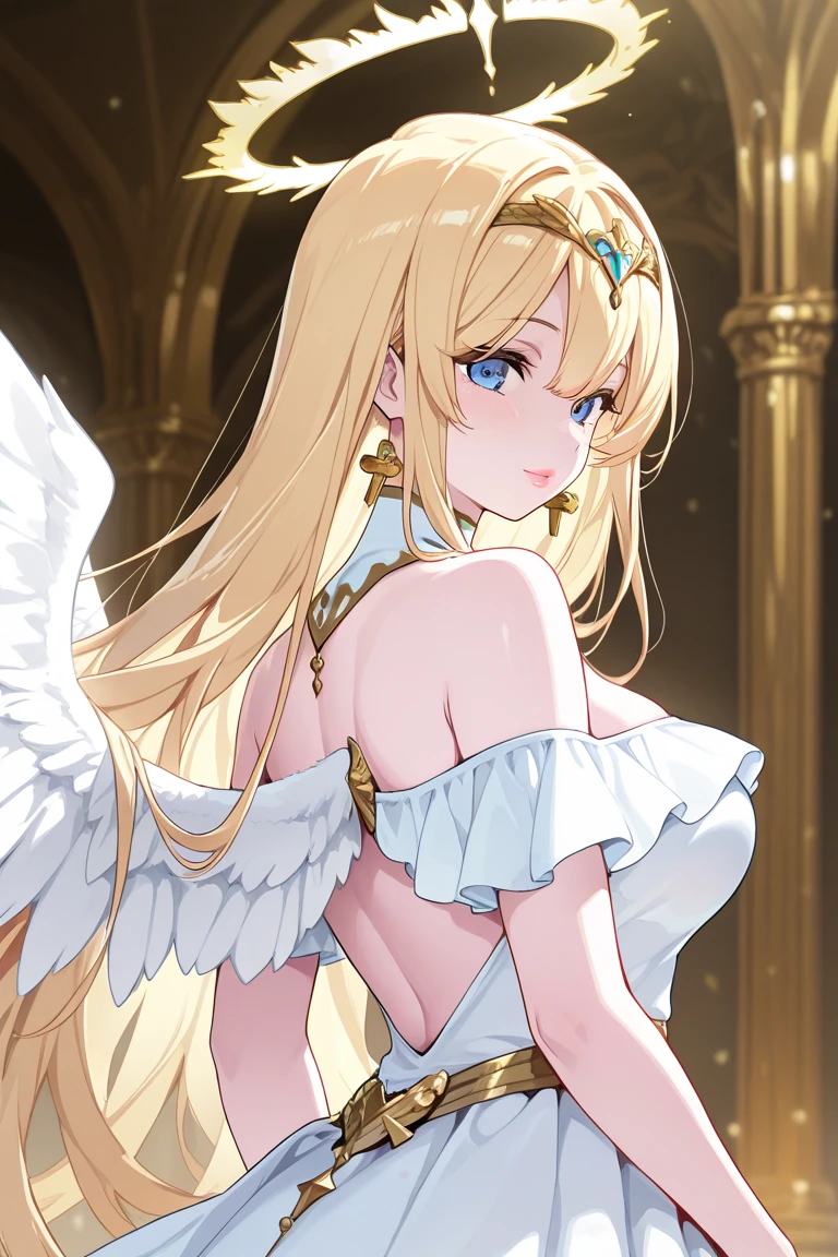 1girl, ahoge, artoria_pendragon_\(fate\), blonde_hair, blue_eyes, gloves, long_hair, looking_at_viewer, smile, solo, upper_body, braid, golden_halo, 12_angel_wings