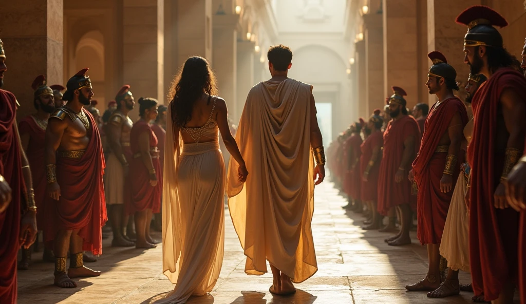Roman Julius Caesar, in ancient Rome, with crown of branches, aged 21, running very fast with his wife, fleeing from his enemies, image drawing comic book