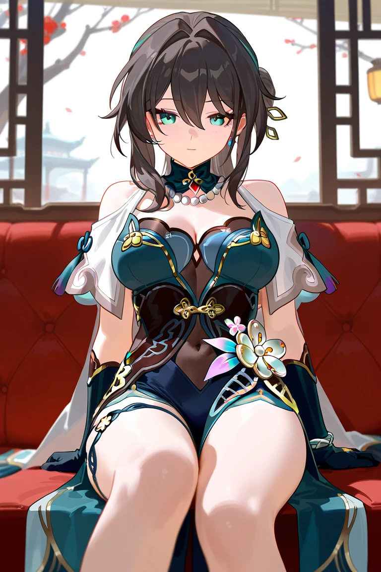absurdres, RAW photo, extremely delicate and beautiful, masterpiece, Best Quality, ultra high resolution, 32k, hyperrealistic, ultra-detailed, perfect figure, Perfect Style, Perfect balance, in her 20s, very small head, very small face, delicate facial features, tearful mole, earring, very huge breasts, bare legs, full body shot, medium hair, black hair, jiangshi, bare shoulders, collarbone,