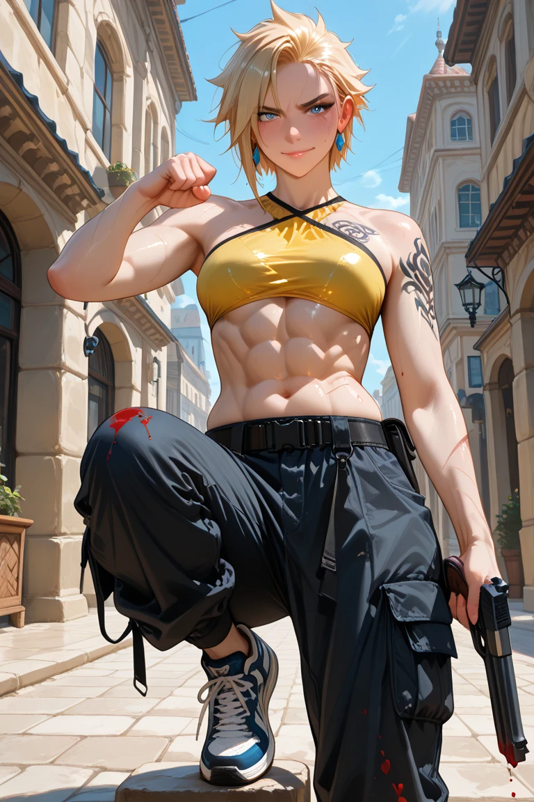 best quality, 4k, ((masterpiece)), extremely detailed, 8k, Trending in ArtStation, intricate, very high detail, sharp focus, detailed backfloor, (Fantasy City: 1.4), Roof, 1girl, floor, navel, arch, (blond hair), red eyes, hair bow, red scarf, braid, short hair, small breasts, Looking at the Viewer, smile, midriff, blonde hair, black bow, {{{very short and sexy bikini}}}, wearing very short black panties, Gloves, brown Gloves, (muscular legs), (((sitting on the chair sensually with her legs crossed)))