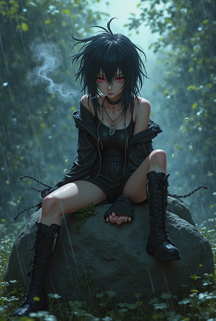 Inspired by fables, china doll face, smooth face feature, intricate oil painting, high detail, sharp high detail, manga and anime 2000, anime, high resolution, psychopathic disposition, blood, man, asian, 8k, shabby clothes, realistic, dark mood, creepy smile, countryside, homeless style, bobbed hair, an isolated island, an empty look, without accessories, old dirty clothes style, rainy and dark weather, islander, with a suspicious look on one's face, digital painting, character design