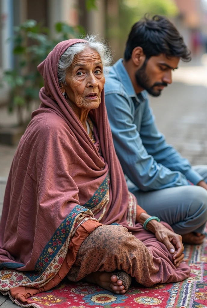 A mother wearing torn saree and begger on the road