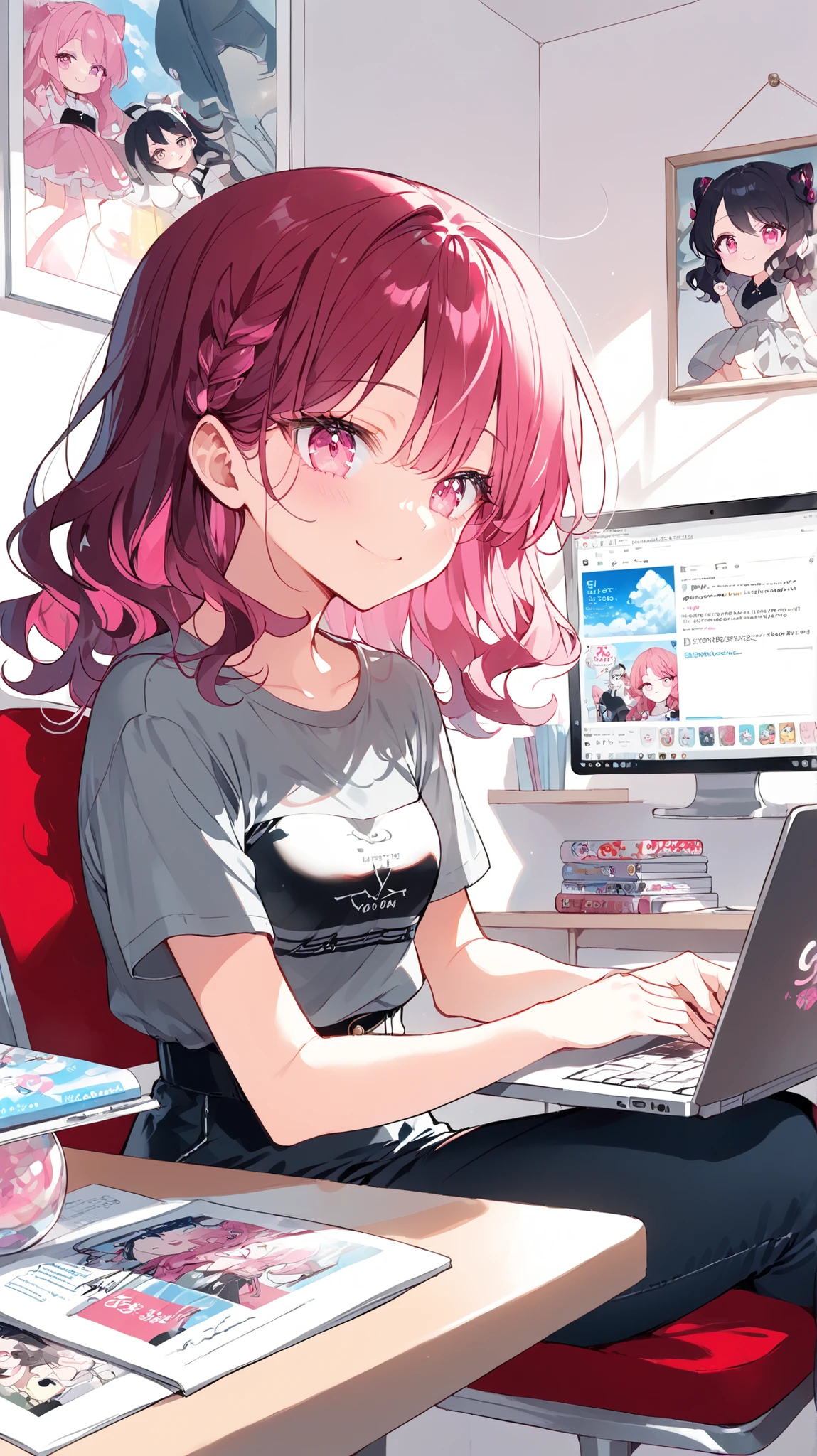 beautiful young tall Korean high school girl. She has bright pink eyes, black and dark red wavy hair made into cute and elegant hairstyle. She is wearing cute grey top and black jeans. She has small chest and hourglass figure, her posture is relaxed and she has cute smile. She is in her room which has it's studio for drawing manga in her laptop, she is sitting in the chair and looking into her laptop, drawing manga illustrations on her laptop