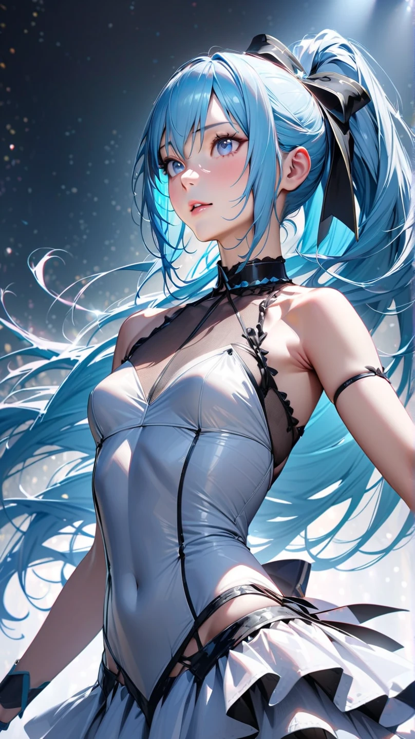 blue theme, Hatsune Miku portrait，masterpiece, magic , (Impossible Dress:1.5), mini skirt, Gradient background, Silver-blue hair, , Bangs,Side Chain, pink eyes, (ulzang-6500-v1.1:0.9), 中等Chest, Chest, Thigh gap, Hair accessories, arching back, Black_witch_have,complicated_decorate,mystery_fountain,luminescent_crystal