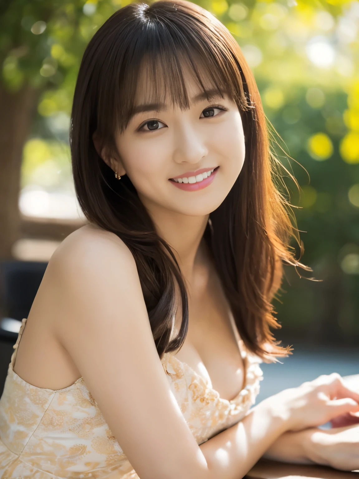 (A Beautiful youthful lady、 Korean woman、Fashion model、Black Hair、Wavy Hair、short hair、bob hair、ponytail hair、hair with side bangs、very detailed & beautiful facial features、beautiful detailed eyes、flawless skin、hands on hip、feminine gentle feel、
ear piercing、silk scarf around the neck、see-through silk blouse & dresedium breasts、 melon face 、kind smile、Beautiful teeth alignment、Intricate details、(Very detailed:1.2)、 Looking into the camera, lens flare、sun rays、bokeh background, the cowboy shot, SFW)