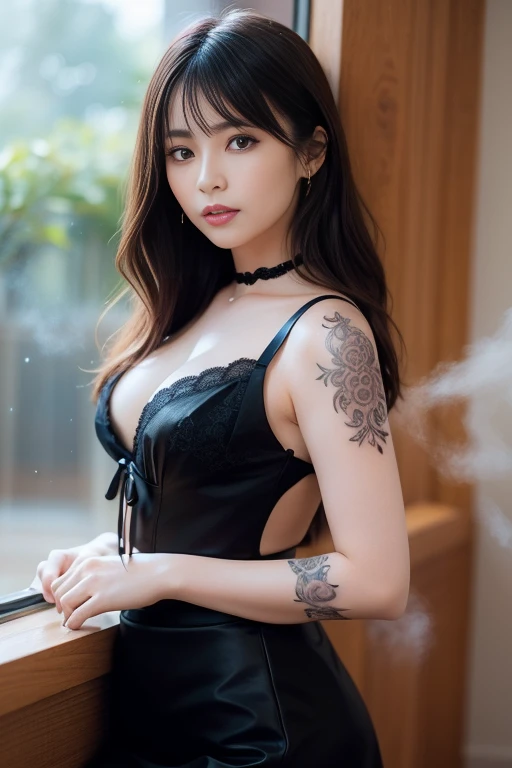 ((best quality, 8k,, Clear face focus :, Black leather suit, black leather suit, dark red tie, dark blue, white and dark black. ,) Long hair blows up in the wind.,) White tattoo 25 years.Big breasts bouncing and overflowing.,) perfect body beauty:1.4. In front of the camera. More intimate. clearer than this, There is an old, thatched hut.,) There are red flowers around.,) The sunlight shines in the evening.,) Full Body°, Highly detailed faces and textures, Detailed eyes, alone, Realistic photos:1.37 .. The fine texture of the tattooed skin.. hand tattoo. breasts tattoo , Shot with a high quality Fuji camera., Color light 45.,000,000 pixels ,)) Too realistic,)