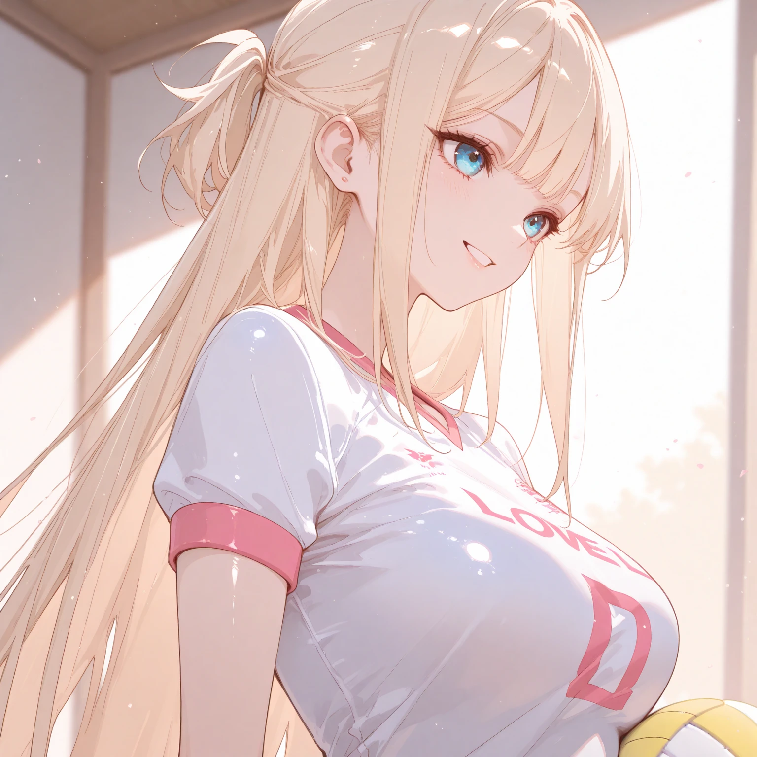 (score_9,score_8_up,score_7_up,score_6_up,score_5_up,score_4_up), 1girl, solo, gradient background, blonde hair, blue eyes, large breasts, looking at viewers, full body, straight long hair, arms behind back, blushing, slight smile, hair between eyes, bangs, gym uniform