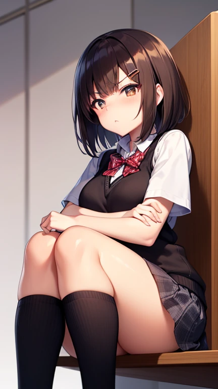 score_9, score_8_up, score_7_up, rating_explicit, masterpiece, best quality,high quality,highres,very aesthetic, absurdres, high detailed,optimal lightning,4k,8k wallpaper, source_anime, uncensored,official art, official style, megami magazine,BREAK,1girl,JuriSF,hair horns, streaked hair,diagonal bangs, , black jacket, white shirt, black tie, checkered skirt, pleated skirt,unamused,disappointed,embarrassed,looking away,cowgirl,sex,from below,