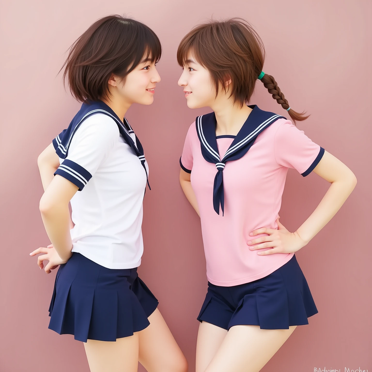 Two Japanese elementary school girls wearing short sleeves and shorts are kissing happily