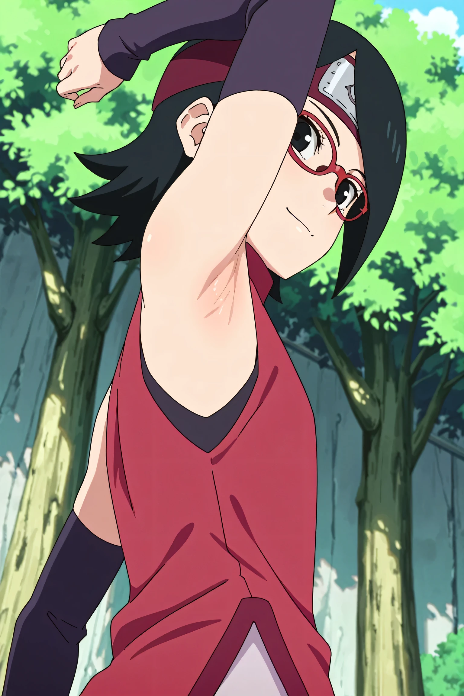 masterpiece, best quality, amazing quality, anime screencap, anime coloring, 1girl, solo, sarada, black eyes, black hair, short hair, glasses, headband, red sleeveless dress, detached sleeves, flat chest, arm up, raised arm, armpit, armpit focus, head towards viewer, looking at viewer, direct eye contact, smile, closed mouth, outdoors, day, from side, from below, from behind, curious
