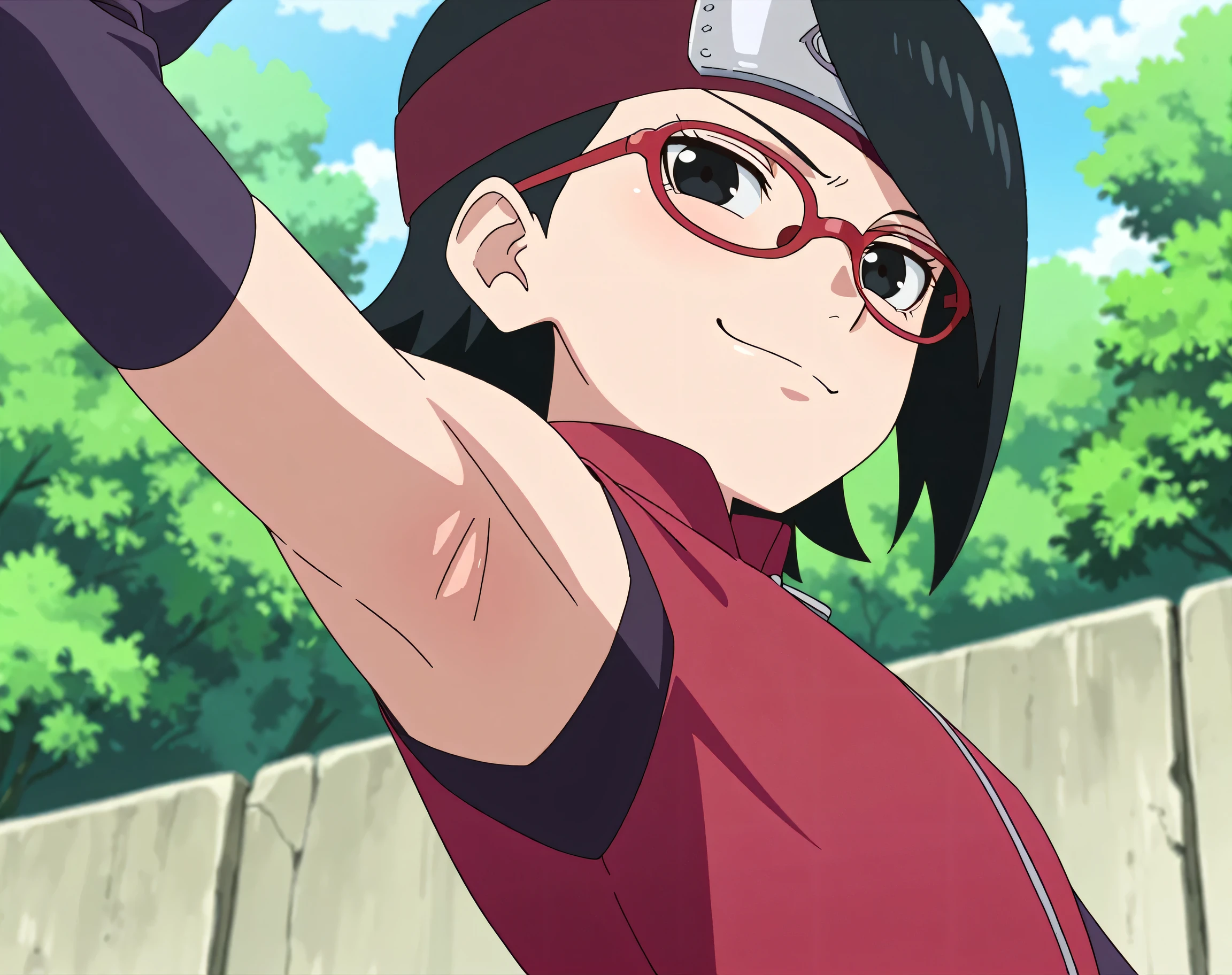 masterpiece, best quality, amazing quality, anime screencap, anime coloring, 1girl, solo, sarada, black eyes, black hair, short hair, glasses, headband, red sleeveless dress, detached sleeves, flat chest, arm up, raised arm, armpit, armpit focus, head towards viewer, looking at viewer, direct eye contact, smile, smug, closed mouth, outdoors, day, from side, from below, armpit up close, close-up of armpit