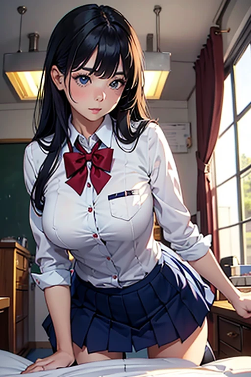 (masterpiece、highest quality)、Beautiful illustrations、Gazing at the viewer、Beautiful thighs、Front view、1 girl、Mature high school girl、A high school girl who looks 25 years old、Shiny skin、(ponytail)、Big eyes、Long eyelashes、very tall、 Beautiful Hair、Beautiful Face、Beautiful Eyes、 Beautiful breasts、Beautiful thighs、Beautiful legs、Beautiful fingers、(((brown knit vest、Short sleeve white collar shirt、Navy Pleated Skirt)))、((Red bow tie))、(In the classroom)、Are standing、((smile))、(((((Skirt lift with both hands、I can see your panties)))))