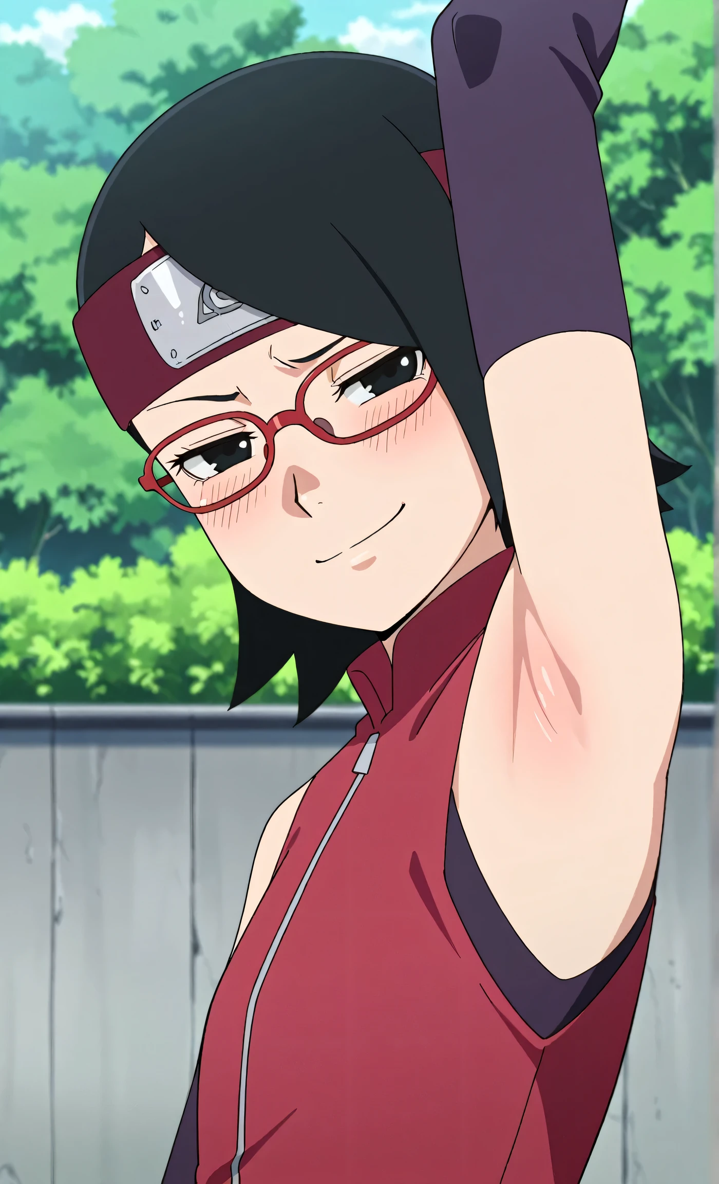 masterpiece, best quality, amazing quality, anime screencap, anime coloring, 1girl, solo, sarada, black eyes, black hair, short hair, glasses, headband, red sleeveless dress, detached sleeves, flat chest, arm up, raised arm, armpit, armpit focus, head towards viewer, looking at viewer, direct eye contact, smile, smug, half-closed eyes, blush, closed mouth, outdoors, day, from side,
