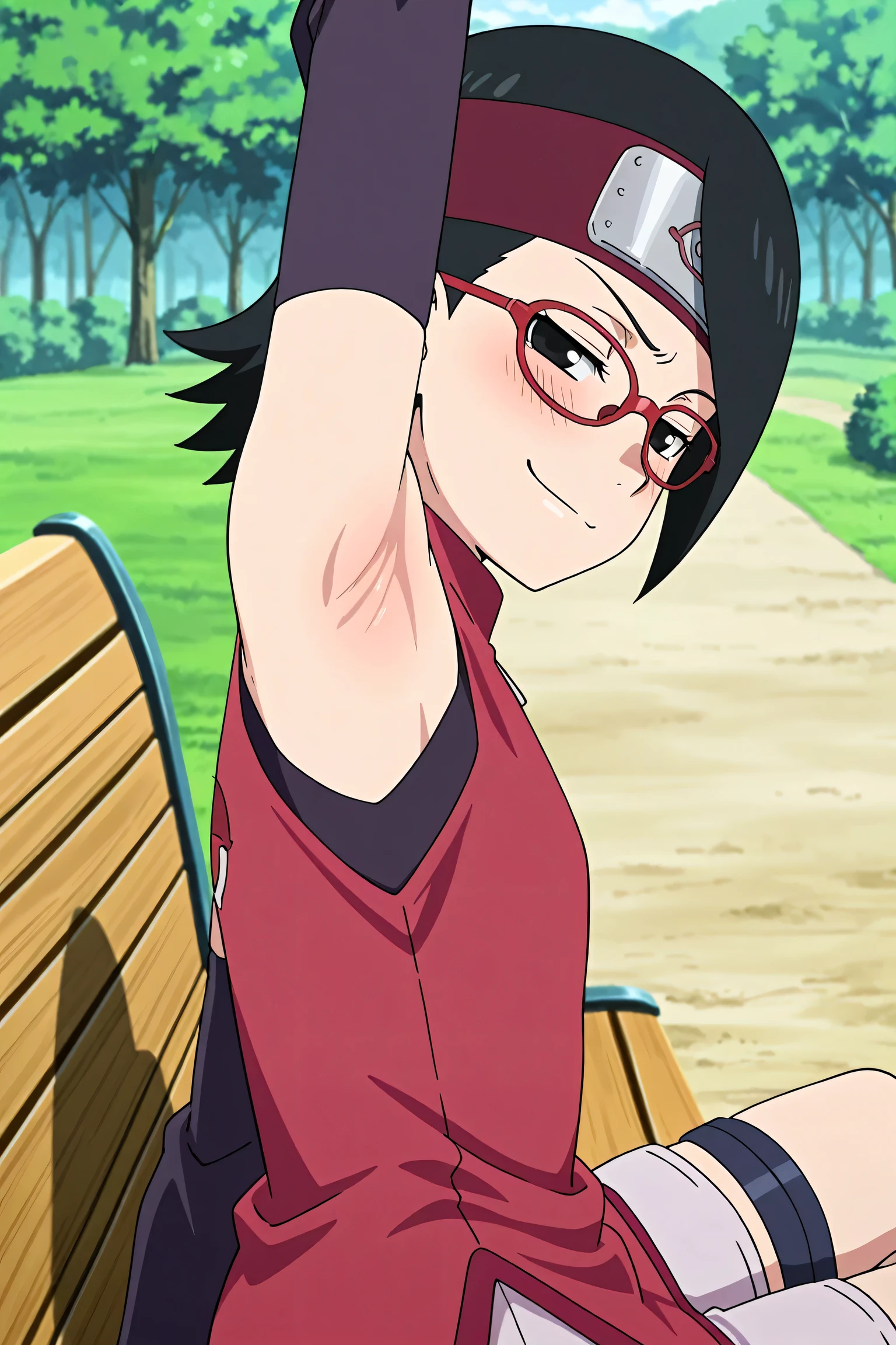 masterpiece, best quality, amazing quality, anime screencap, anime coloring, 1girl, solo, sarada, black eyes, black hair, short hair, glasses, headband, red sleeveless dress, detached sleeves, flat chest, arm up, raised arm, armpit, armpit focus, head towards viewer, looking at viewer, direct eye contact, smile, smug, half-closed eyes, blush, closed mouth, outdoors, day, from side, from behind, sitting on a bench, shorts