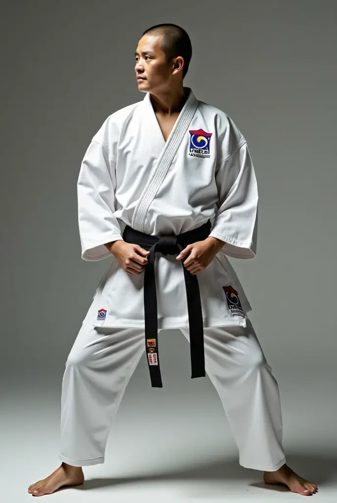 ((8k ((best quality)), ((masterpiece)), (very detailed), real face bald male muscular male full body wear karate suit sit on bench