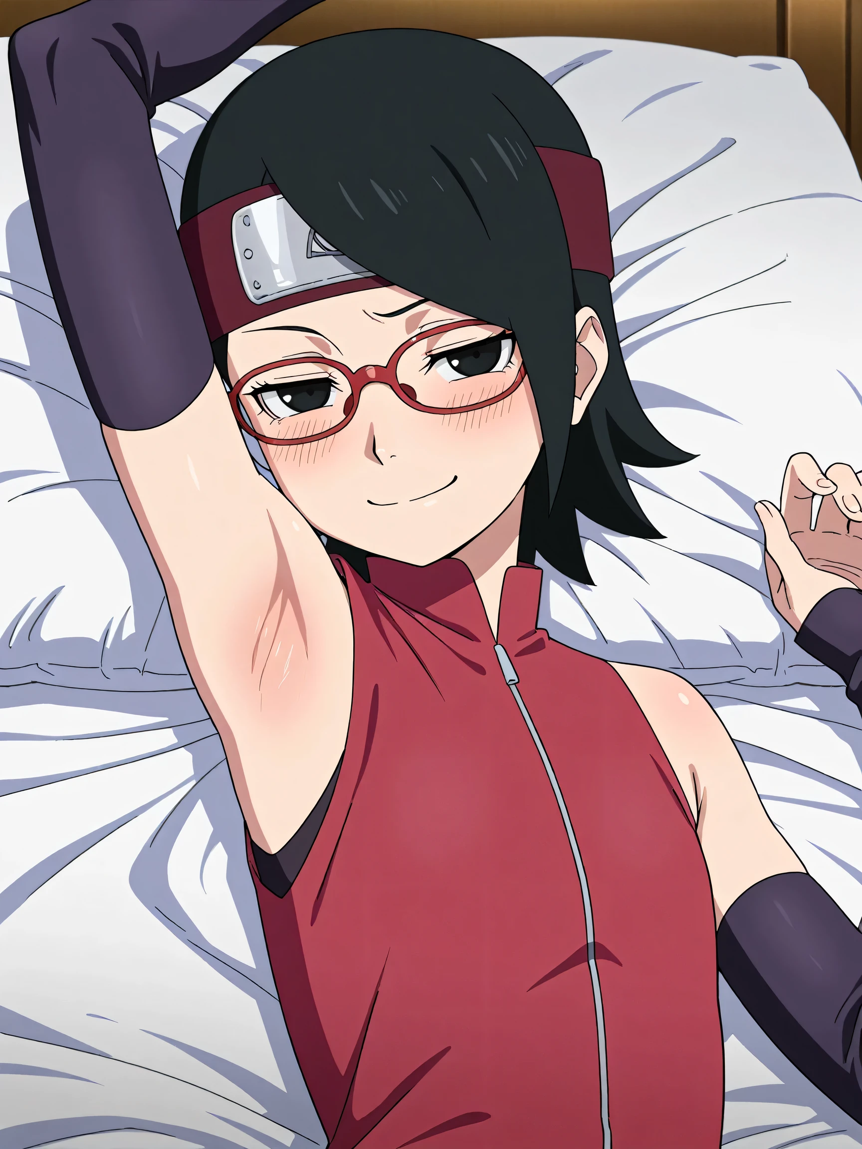 masterpiece, best quality, amazing quality, anime screencap, anime coloring, 1girl, solo, sarada, black eyes, black hair, short hair, glasses, headband, red sleeveless dress, detached sleeves, flat chest, arm up, raised arm, armpit, armpit focus, head towards viewer, looking at viewer, direct eye contact, smile, smug, half-closed eyes, blush, closed mouth, lying in bed