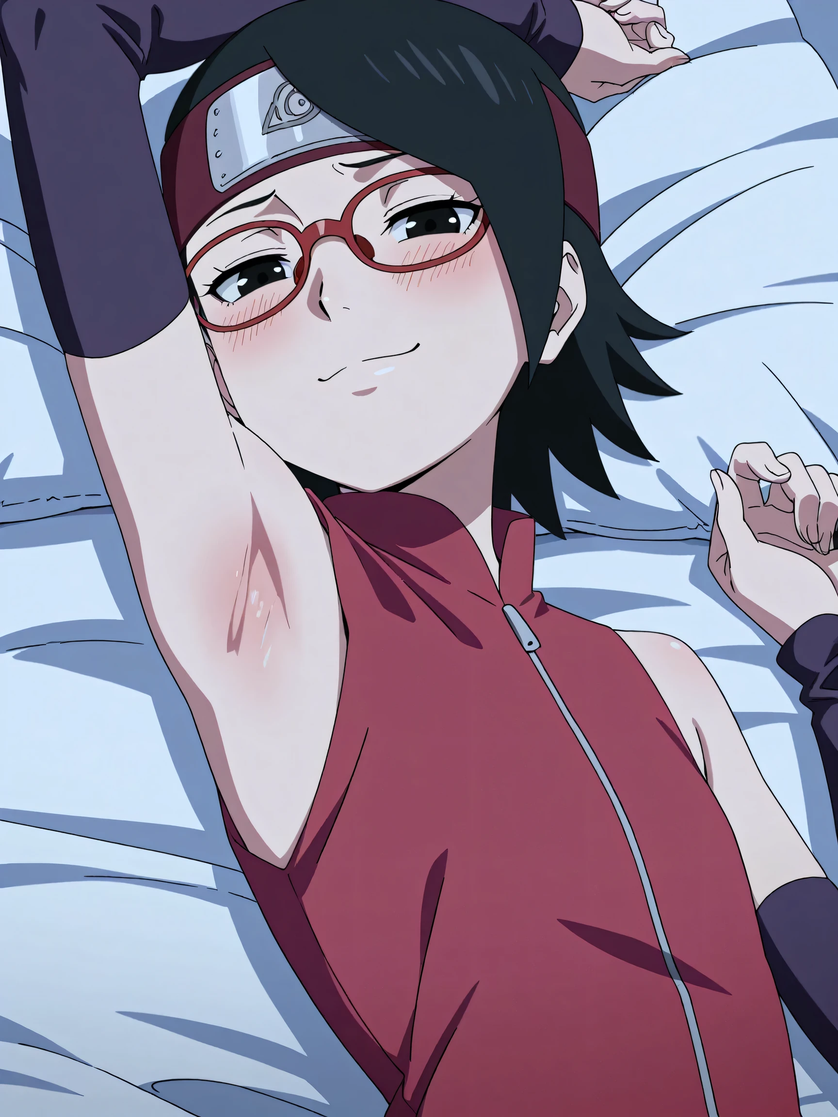masterpiece, best quality, amazing quality, anime screencap, anime coloring, 1girl, solo, sarada, black eyes, black hair, short hair, glasses, headband, red sleeveless dress, detached sleeves, flat chest, arm up, raised arm, armpit, armpit focus, head towards viewer, looking at viewer, direct eye contact, smile, smug, half-closed eyes, blush, closed mouth, lying in bed