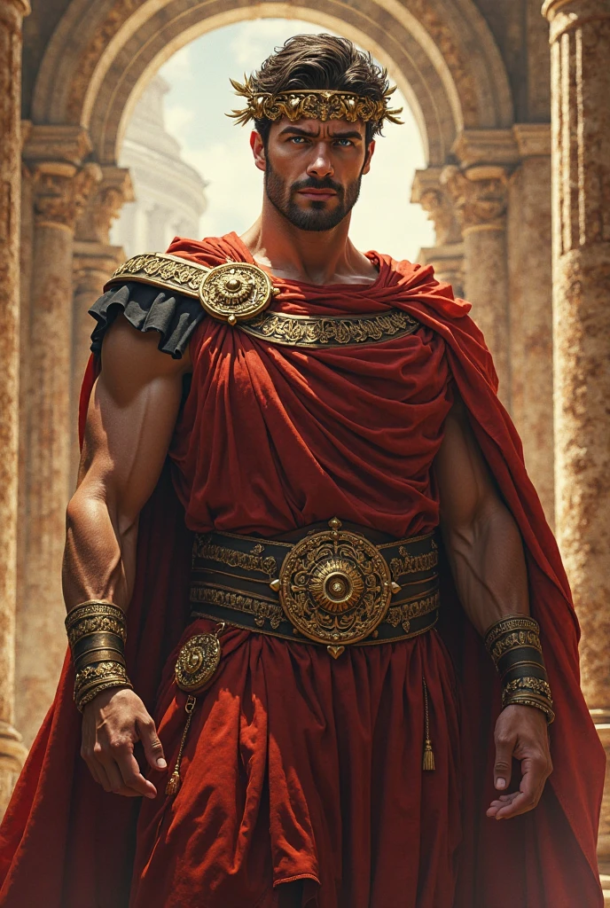((artwork)) ((body completo)) ((Full body inside the image)) ((30 year old man)) body: brownish skin, high, muscular, ((body hair)) ((platinum ruby hair)) male face, barbarian, pretty eyes, detailed eyes ((gold eyes)). Expression: seductive, sonrisa seductive. CLOTHES: Red Greek Cape, TOGA BLANCA, gold ornaments, greek prince ornaments. pose: dynamic. scene: greek temple, Greek columns. Decor: winter, Decor de winter brillante, wonderful lighting. 