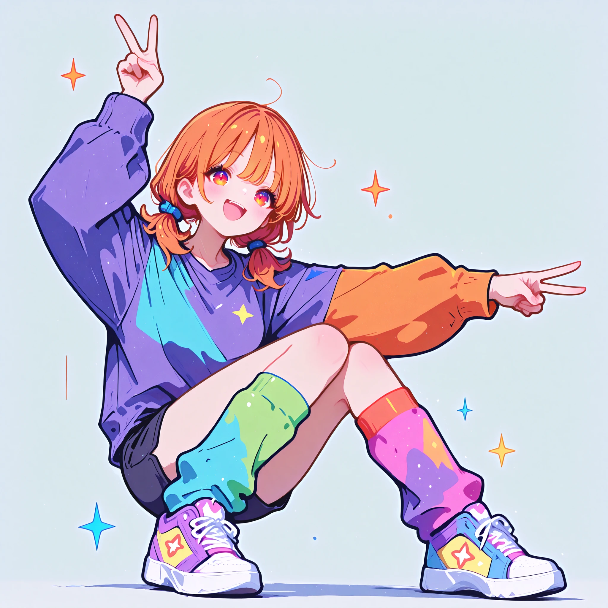 masterpiece, best quality, ultra detailed, high resolution, intricate details, sharp focus, smooth shading, professional lighting, vivid colors, clean lineart, anatomically correct, beautifully detailed eyes, no artifacts, 1girl, full body in frame, simple white background, orange twin tails hair, energetic joyful smile, making V-sign with both hands, amber eyes, sporty t-shirt, shorts, colorful leg warmers, sneakers, mid-air jump pose, full of energy