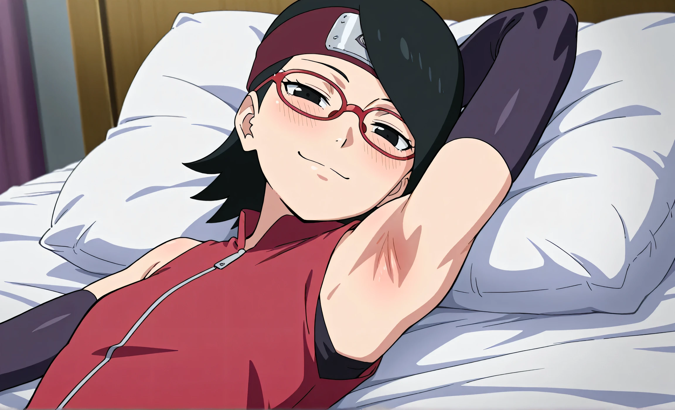 masterpiece, best quality, amazing quality, anime screencap, anime coloring, 1girl, solo, sarada, black eyes, black hair, short hair, glasses, headband, red sleeveless dress, detached sleeves, flat chest, arm behind head, armpit, armpit focus, head towards viewer, looking at viewer, direct eye contact, smile, smug, half-closed eyes, blush, closed mouth, lying in bed, from side, from above, pillow 