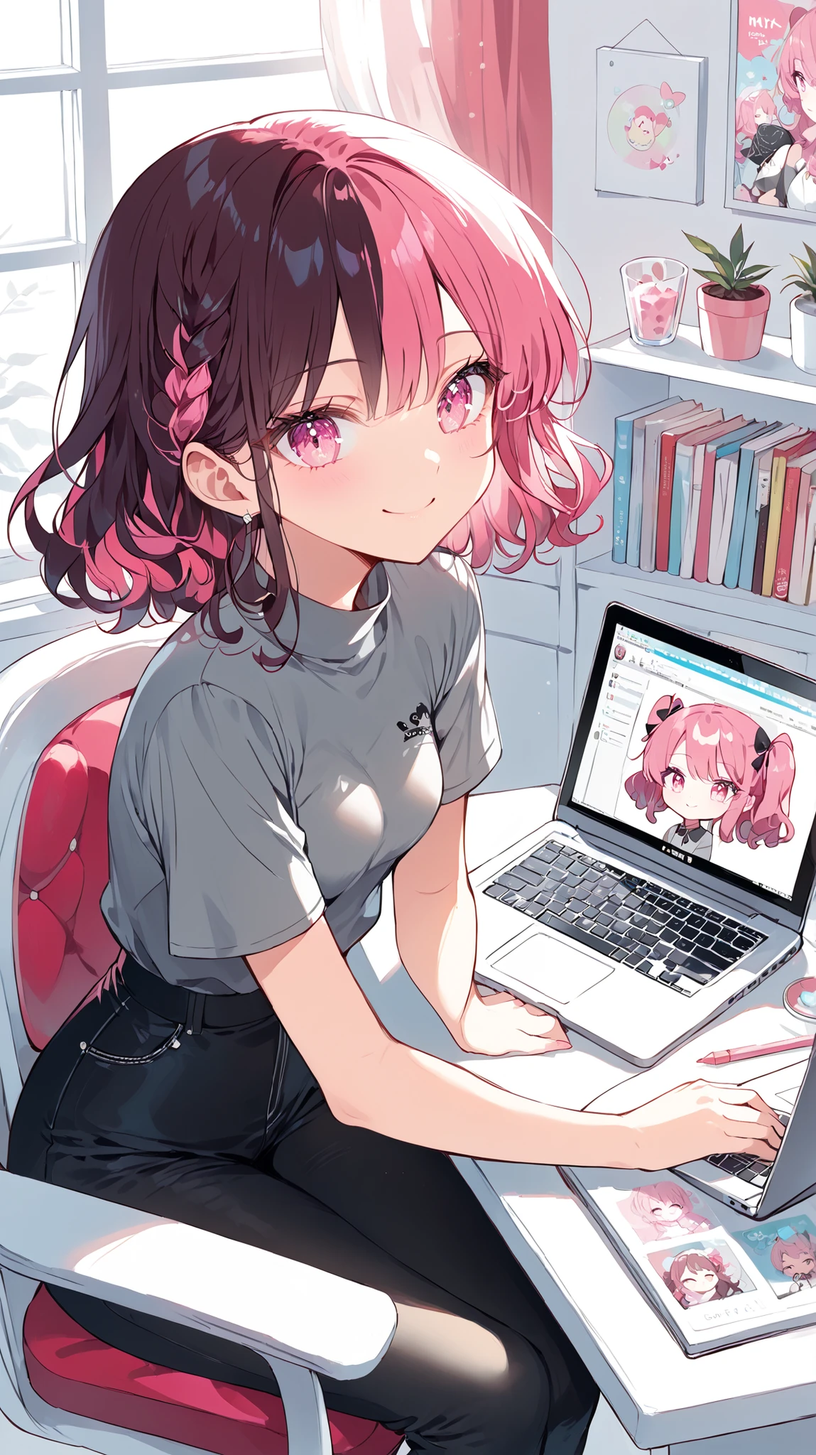 beautiful young tall Korean high school girl. She has bright pink eyes, mix of black and dark red wavy hair made into cute and elegant hairstyle. She is wearing cute grey top and black jeans. She has small chest and hourglass figure, her posture is relaxed and she has cute smile. She is in her room which has it's studio for drawing manga in her laptop, she is sitting in the chair and looking into her laptop, drawing manga illustrations on her laptop