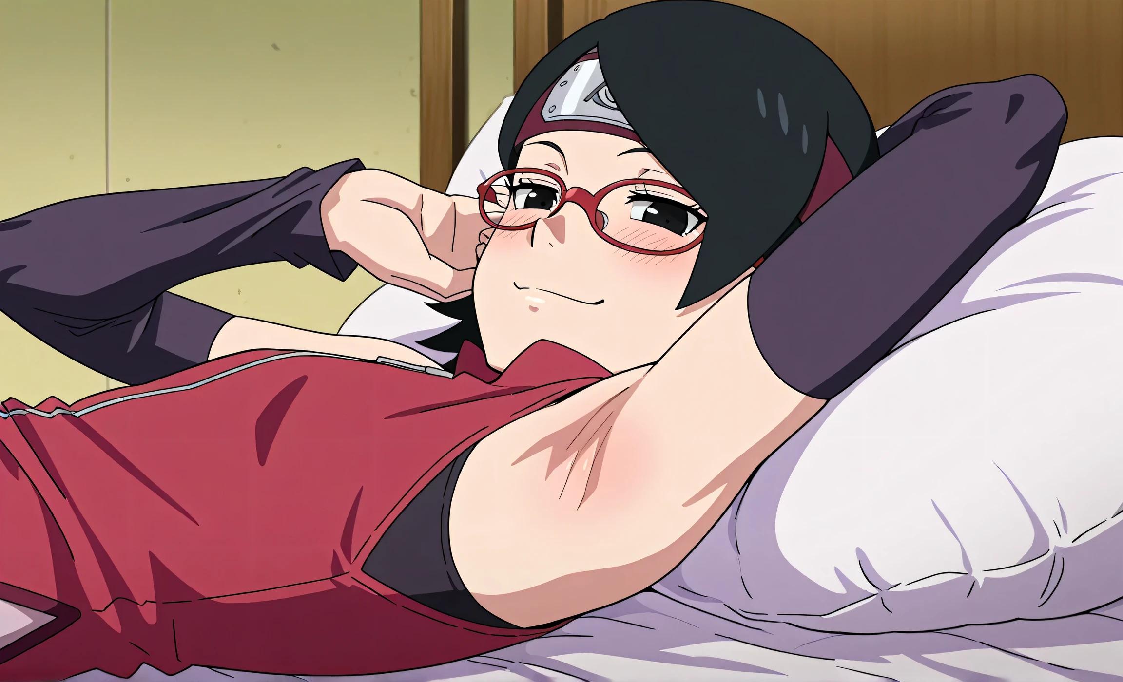 masterpiece, best quality, amazing quality, anime screencap, anime coloring, 1girl, solo, sarada, black eyes, black hair, short hair, glasses, headband, red sleeveless dress, detached sleeves, flat chest, arm behind head, armpit, armpit focus, head towards viewer, looking at viewer, direct eye contact, smile, smug, half-closed eyes, blush, closed mouth, lying in bed, from side, sideview, pillow