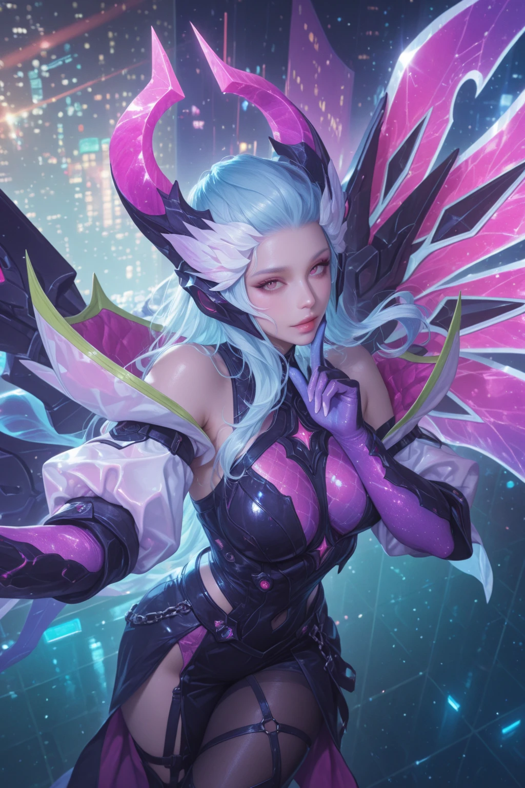 Game art,The best picture quality,Highest resolution,8k,((A bust photograph)),((Portrait)),((Head close-up:1.5)),(Rule of thirds),Unreal Engine 5 rendering works, (The Gril of the Future),(Female Warrior), 22-year-old girl,(Female hackers),(Rainbow hair:1.2),(Ancient Oriental hairstyle),(The pupils of the red eyes:1.3),(A beautiful eye full of detail),(Big breasts),(Eye shadow),Elegant and charming,indifferent,((anger)),(Future style silk combat suit combined with the characteristics of Chinese cheongsam,Joint Armor,There are exquisite Chinese patterns on the clothes,A flash of jewellery),Cyberpunk Characters,Future Style, Photo poses,City background,Movie lights,Ray tracing,Game CG,((3D Unreal Engine)),oc rendering reflection pattern