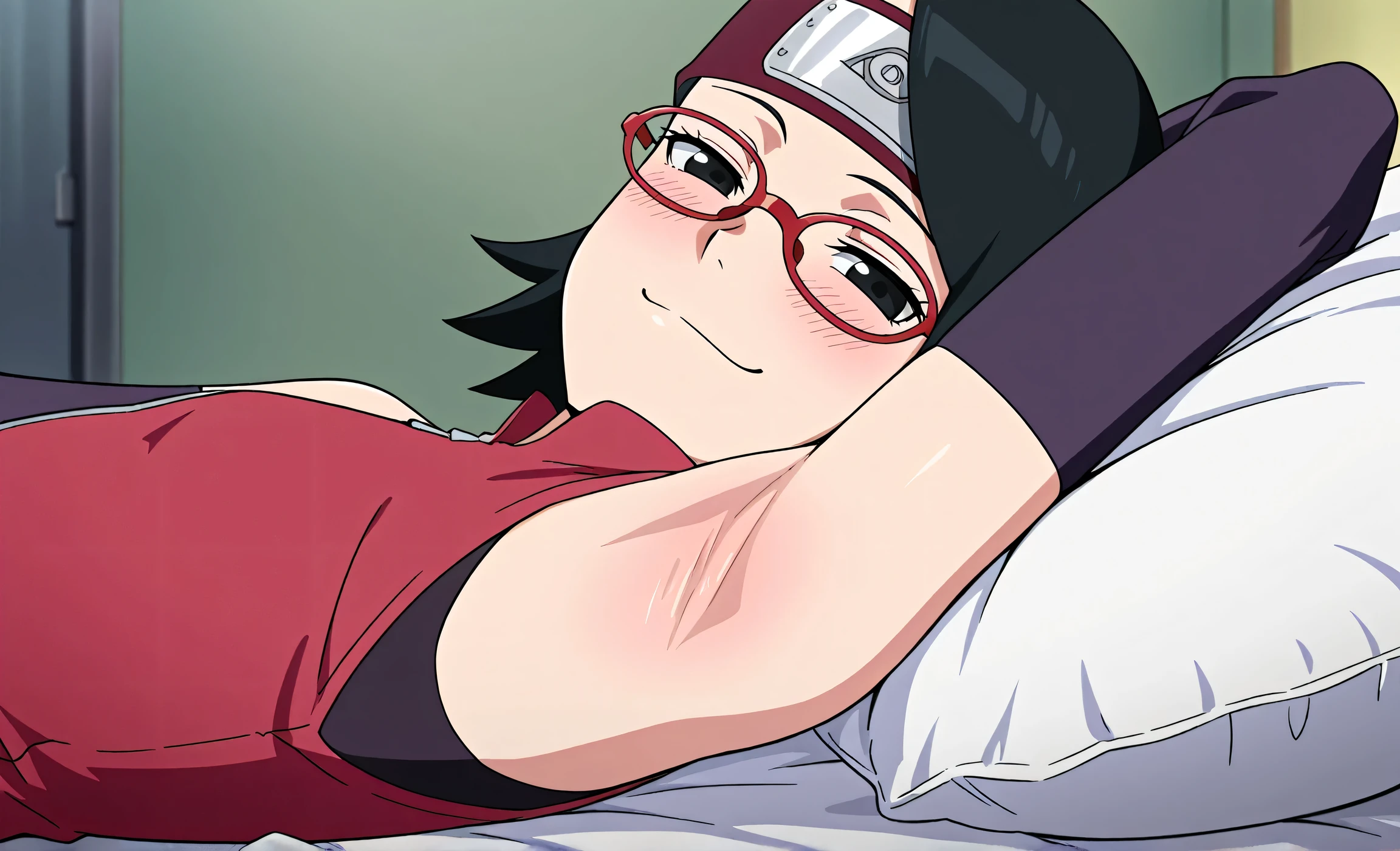 masterpiece, best quality, amazing quality, anime screencap, anime coloring, 1girl, solo, sarada, black eyes, black hair, short hair, glasses, headband, red sleeveless dress, detached sleeves, flat chest, arm behind head, armpit, armpit focus, head towards viewer, looking at viewer, direct eye contact, smile, smug, half-closed eyes, blush, closed mouth, lying in bed, from side, sideview, pillow 