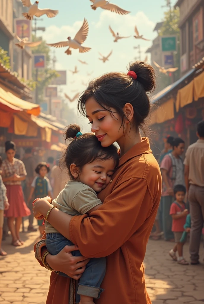 A poor young lady with his baby selling balloons while smiling each other realistic images different perspective