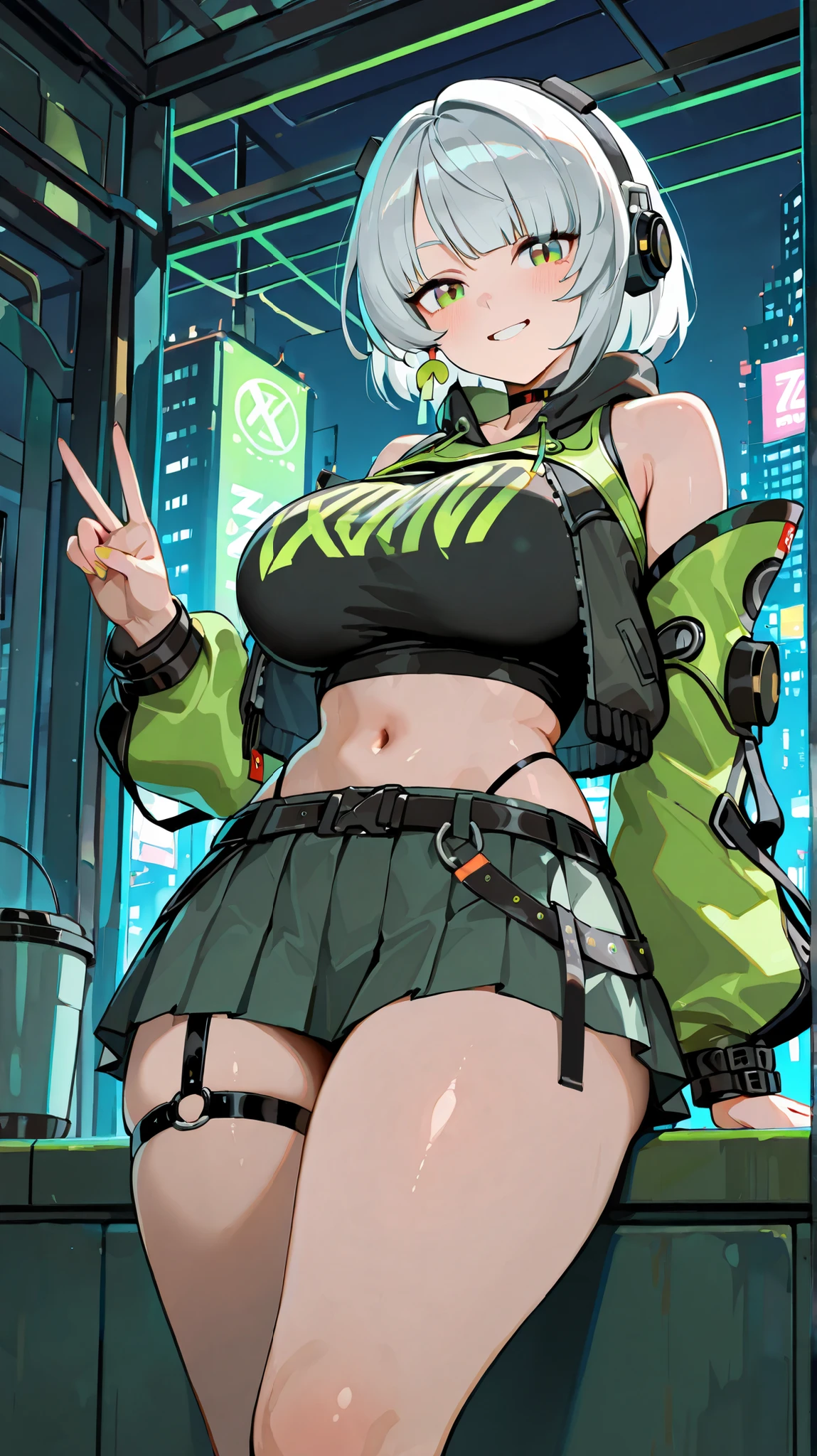 Arknights art style, arknights world,cat girl,cat ears,tail fluffy,short hair,white hair,green eyes,big breast,thick thighs,busty body,thick body,wearing a unzipped white and green jacket,t shirt,white shorts
