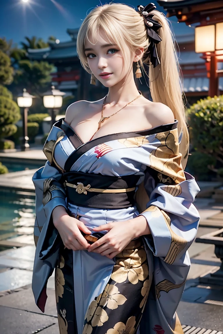 Marie rose. Blonde hair, (((Masterpiece))), (((Detailed anatomy, photorealistic, high resolution, soft lights, 1women, solo, hips up, shining skin))), (detailed face), straight brown hair, blunt bangs, moon, lantern, spring, solo, gigantic breasts, big cleavage, hair ornament, wet, kimono, Japanese clothes, walking, hair flower, flower, outdoors, sky at night, full moon, short white yukata, light smile, visible nipple