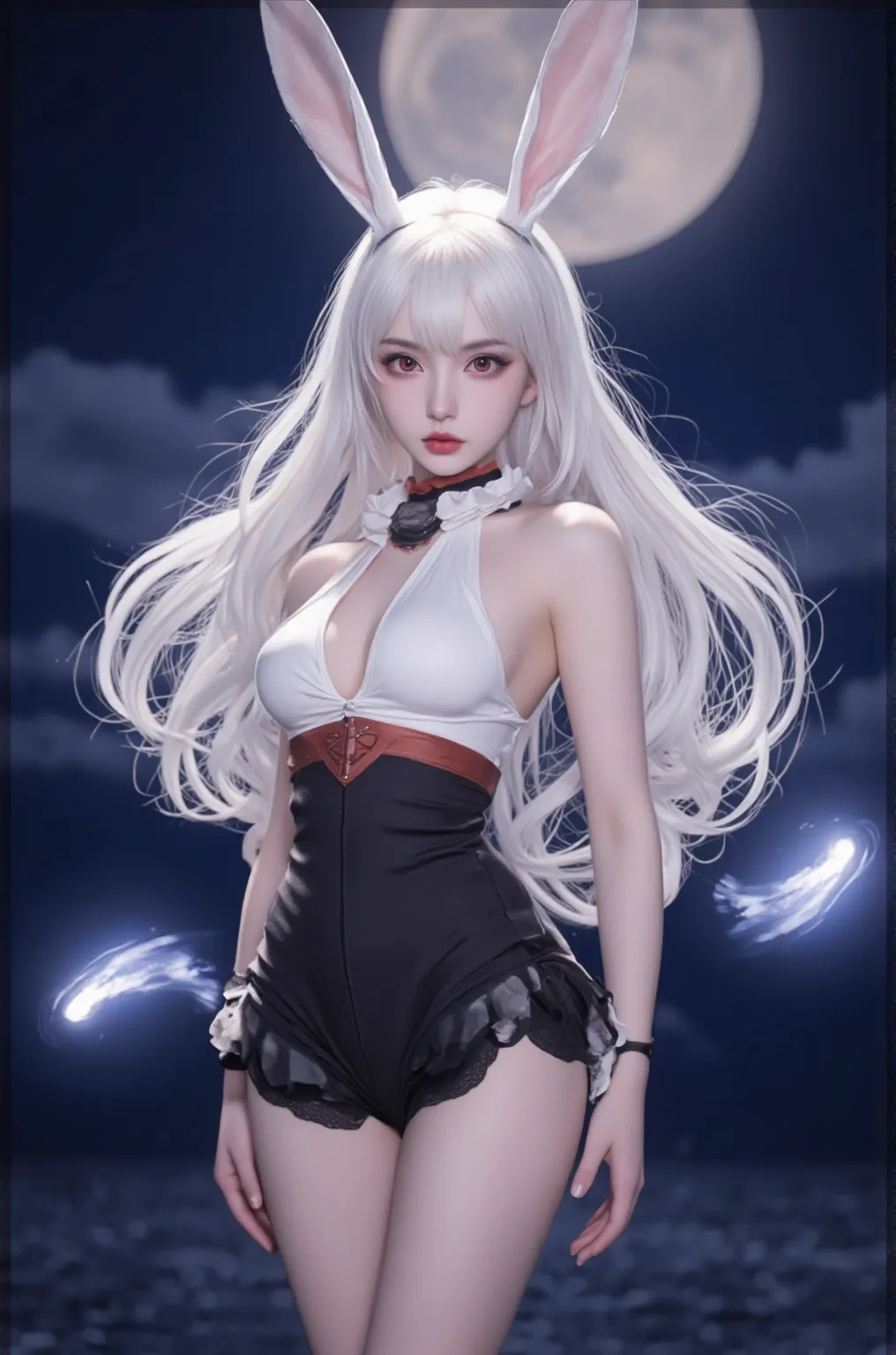 Single phase,a moon,sliver long hair,Long legs,Animal ears,Nine Tails,Melon seed face,underdressing