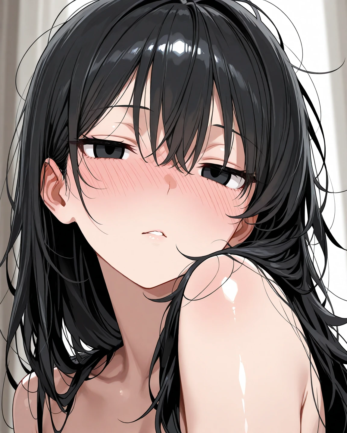 masterpiece, best quality, absurdres, 1girl, , cowgirl positon, girl on top, straddling, 1boy, hetero, nude, (), , vaginal, love hotel, dimly lit, (sweat), (blush:1.3), one eye closed, medium breasts, long hair, black hair, :d, smile, open mouth