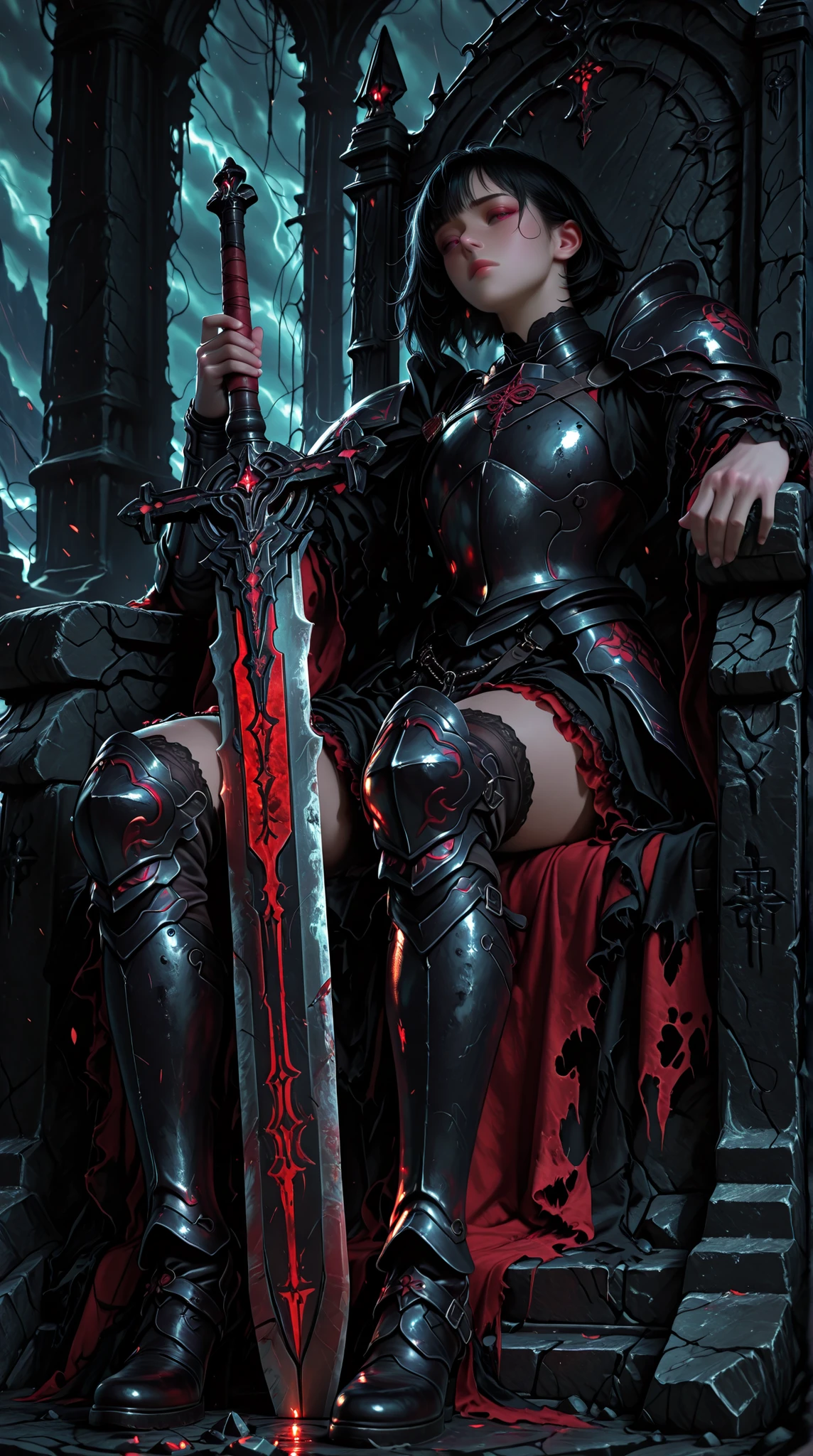 A single young woman sits alone on a massive, jagged stone throne carved into the edge of a cliff. She has a strong, androgynous beauty—short black hair, sharp cheekbones, and a calm, unreadable gaze. Her armor is dark steel with crimson accents, heavy but worn like a second skin. One hand rests on the hilt of a greatsword standing between her feet, the other grips the edge of the throne. Behind her, torn banners flutter in the wind beneath a moody, storm-lit sky. No one surrounds her, yet the space feels full of tension, as if armies wait beyond the fog. Her presence is quiet but absolute—she does not shout; the world listens anyway. The scene is gothic and cinematic, with deep shadows and cool, dramatic lighting. No text, no symbols. Just her.