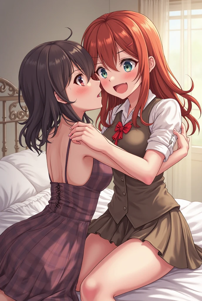 2girls, (multiple girls), natural lighting, masterpiece, highly detailed, illustration, game CG, absurdres, high quality, glossy lips, natural lighting, medium breasts, redhead, bangs, green eyes, freckles, (looking at each other), sleeveless dress, (mother and daughter, MILF and teenager), (kiss)