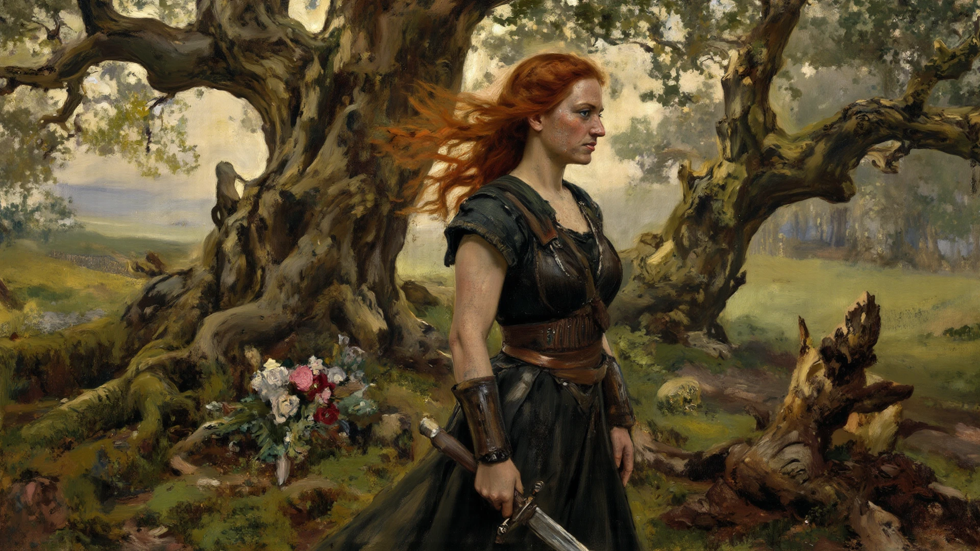 a naked bretonian maiden, beautiful woman, flowing red hair, muscular athletic body, dramatic lighting, fantasy landscape, digital art, oil painting, dramatic pose, volumetric lighting, highly detailed, cinematic, masterpiece, (best quality,4k,8k,highres,masterpiece:1.2),ultra-detailed,(realistic,photorealistic,photo-realistic:1.37)