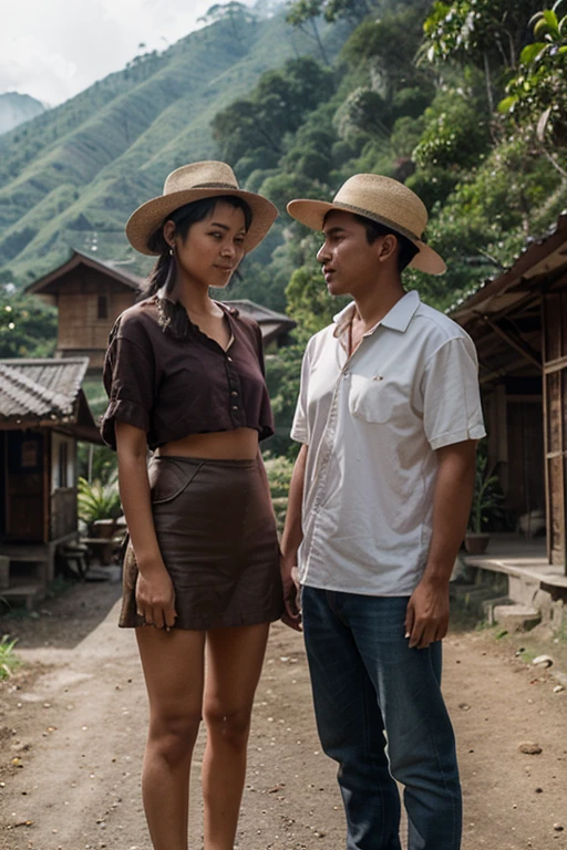 a man dressed in typical sasak lombok clothes holding rattan and a shield and a woman leaning on the man's chest. Mountain background with sunny weather