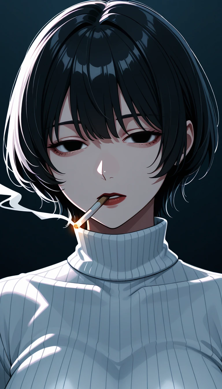 masterpiece, best quality, 1girl, mamerakkkkko, grayscale, manga style, Japanese, chi no wadachi, black eyes, street, iced, black hair, schoolbag, smile, lineart, black coat, black scarf, black pleated skirt, leggings, centered, 18 years old, tall, fair skinned, bokeh background,, bob cut, light particles, centered, snowing, (((smoking,  holding cigarette, perfect hand, detailed hand:1.1)), emotional anime scene
