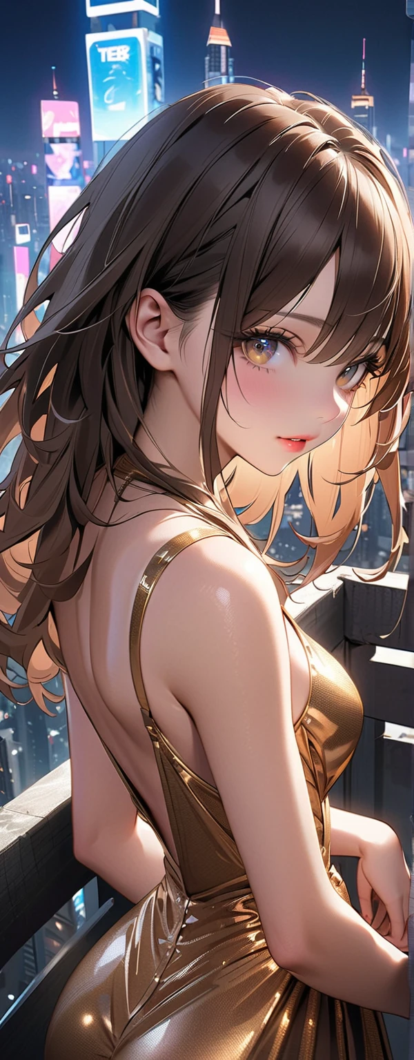 High Resolution, Top Quality, Slender Beautiful Girl, {Gold Swimsuit}, No Blushing, Club Room, Twin Tails