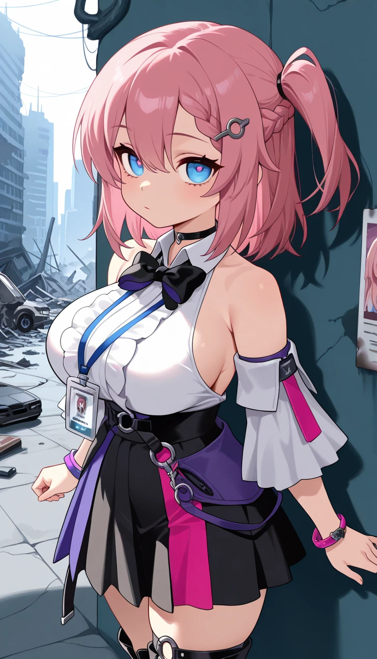 gwenpool, 1girl, weapon, blonde hair, multicolored hair, solo, blue eyes, sword, pouch, superhero, short hair, gradient hair, smile, belt, two-tone hair, pink hair, breasts, gloves, belt pouch