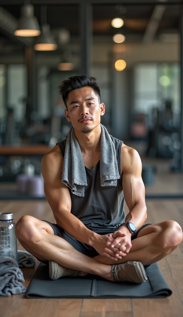 Handsome Asian guy with a stocky body, shirtless, pants showing off his cock in the sauna.