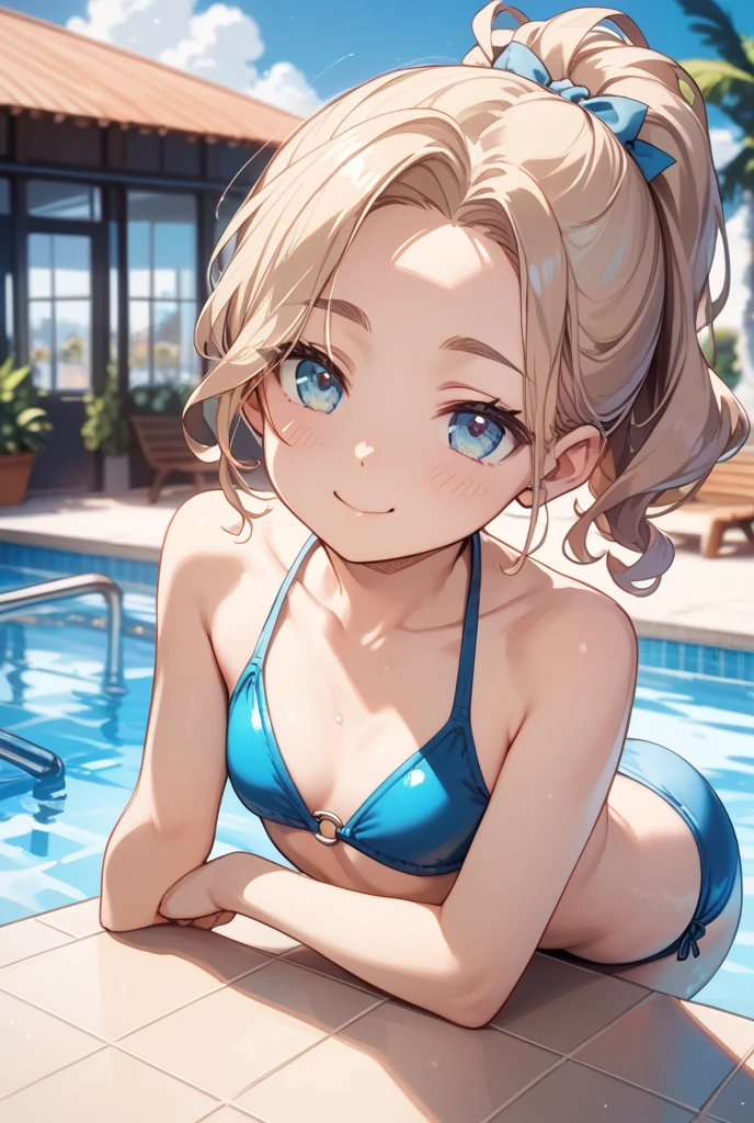 1girl(blond short hair, Braid, red bikini, Blue eyes, tall, Tan Skin. light smile), pool