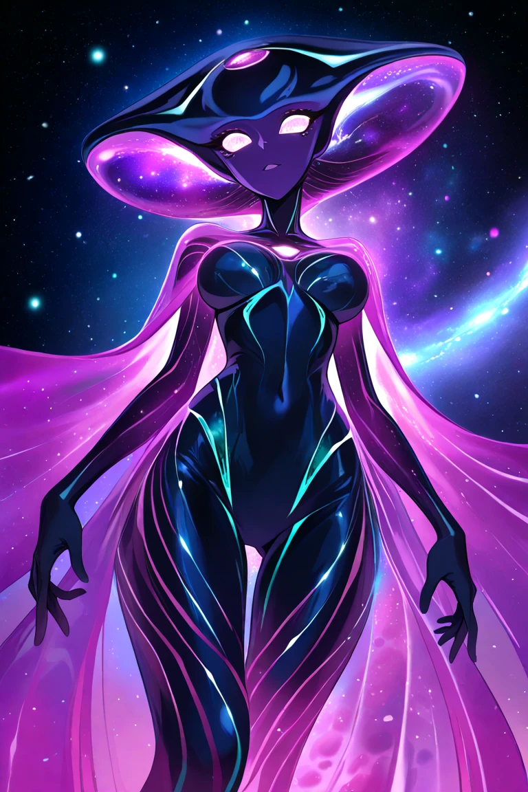 energy, 1girl, celestial goddess, (dark celestialskin body, void cosmic body, colored skin), (rainbow:1.2), smile, flat color, jet black skin, silhouette, large breasts, cosmic cloud, 3d, masterpiece