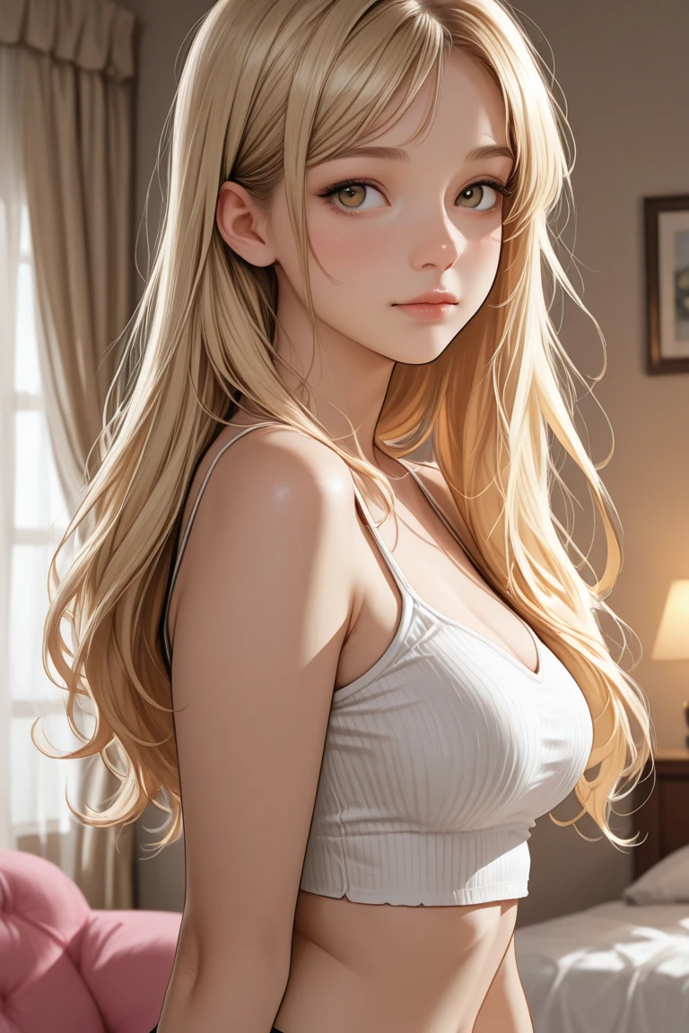 (best quality, highres), portrait, older sister type adult woman, refined, long hair, swept-side bangs, [[[brown hair]]], blonde hair, brown eyes, living room scene, dress, sideboob, ultra-detailed face, soft light