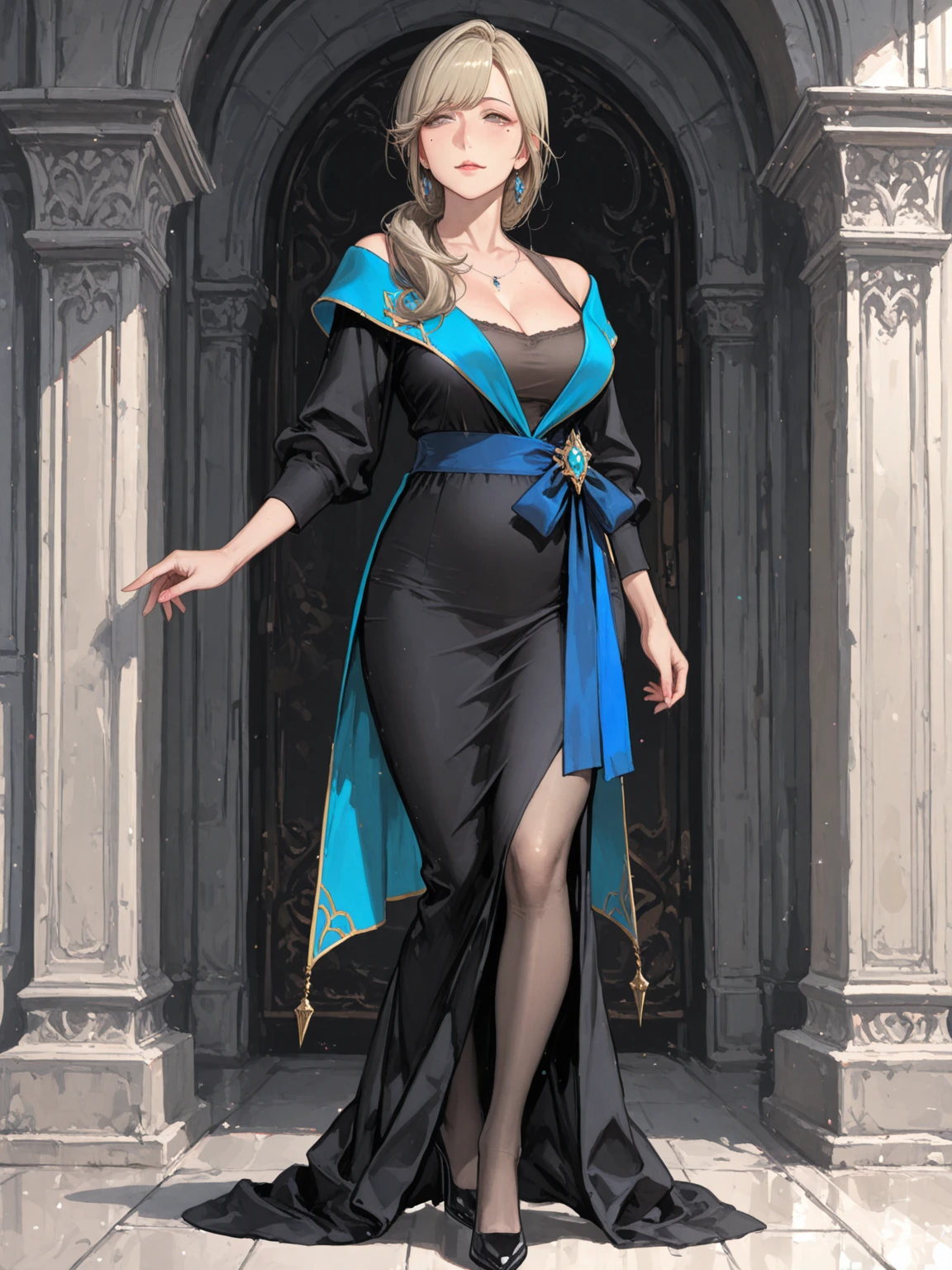 a  portrait of a babe temptress , vampire, elegant evening dress, perfect face, pretty face, glowing blue eyes, crimson hair, Hi-top fade, very short hair, full body shot