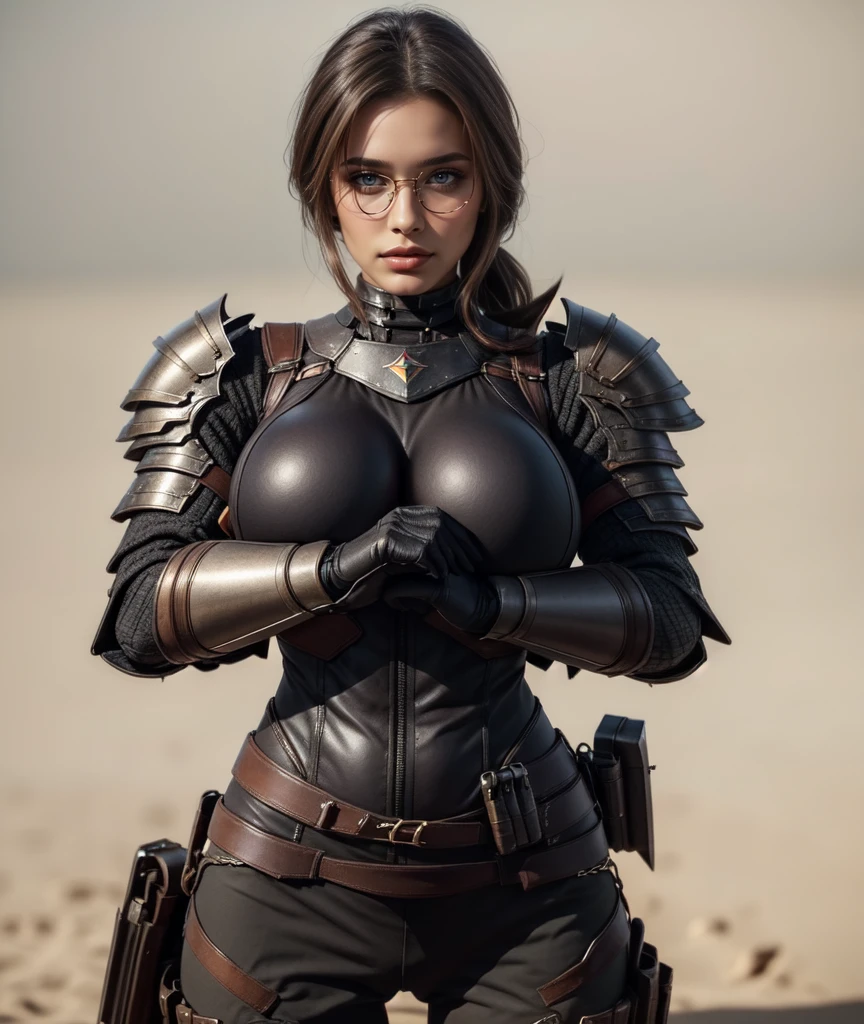 voluminous hair, big hair, big breasts, swordswoman,(fully clothed skintight), (black armor), woman , standing in an open battlefield holding sword, muscle +5