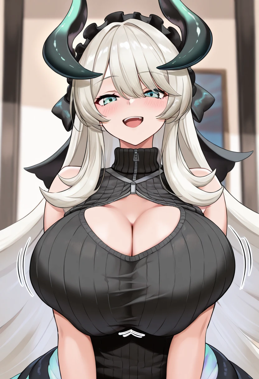((best quality)), ((masterpiece)), (detailed), 1 girl, long white hair, black horns, red eyes with hearts, big breasts, big thighs, black succubus tail, sonrisa seductora, black provocative dress, at home, cosinando