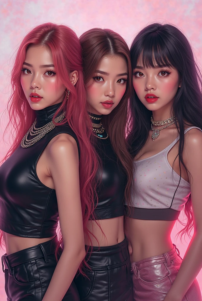 silhouette of three women standing, (Line contour), dark pink background, ((hight contrast)), front viewer, cute (( as an idol)) pose like models