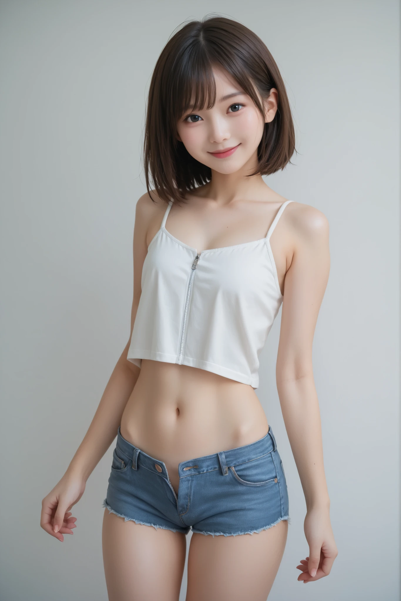 top-quality,masterpiece,Raw photography,8K,Top image quality,hight resolution, 18 years old Japanese female idol ,Beautuful Women,cute Japanese girls, Pretty Woman ,Beautiful face in every detail, aegyo sal ,small head, seductive smile ,Realistic human skin, pale skin ,cut model , Short hair ,bowl cut ,((skinny body , crotch grab )),hand inside clothes , arched back, face focus, hand focus, navel focus