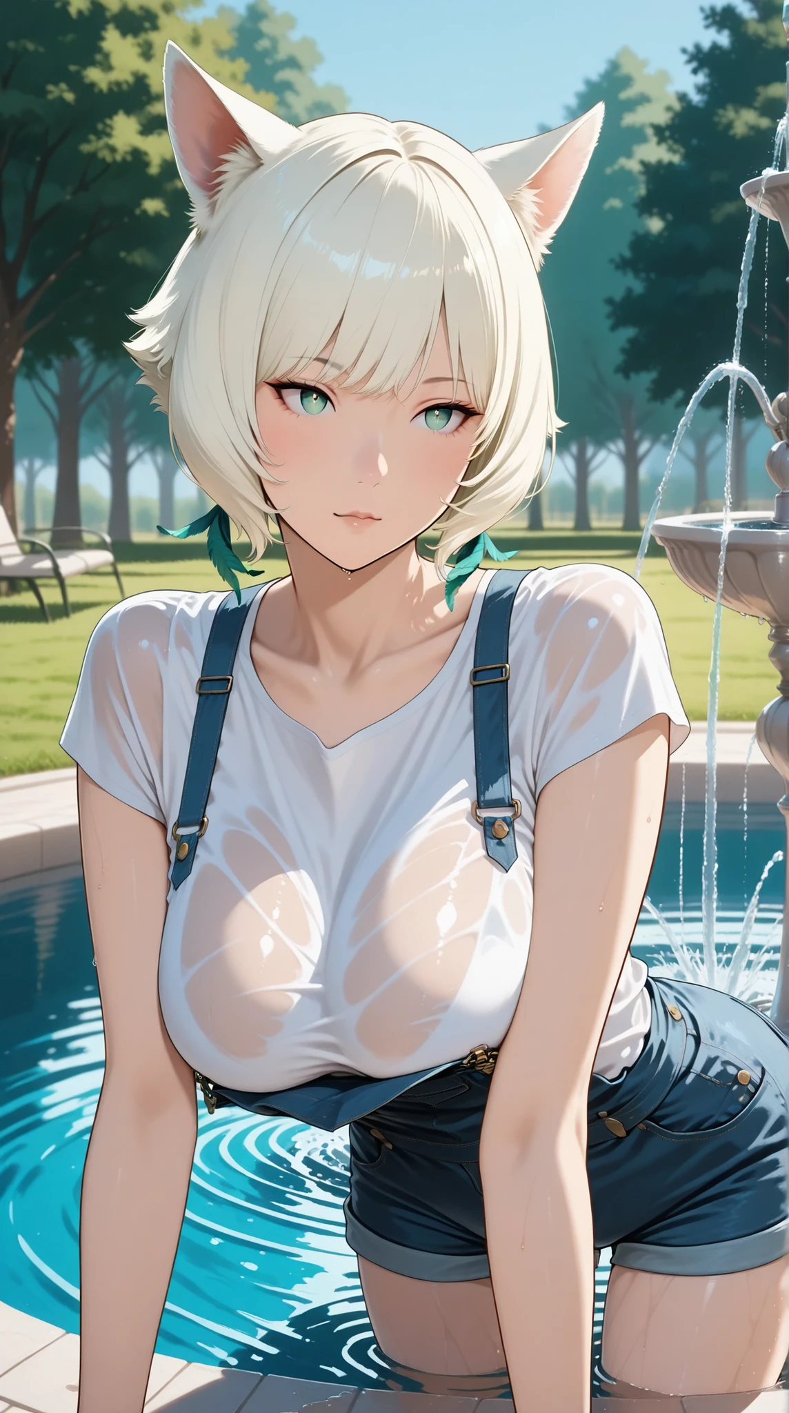 2.5D anime style, summer day in a public park, bright blue sky, sunlight reflecting off water droplets, ren playing near a water fountain,
( a solo young voluptuous cat-eared girl splashing water playfully near a park fountain:2.8),
(Y'shtola in her early s, short white-blonde bob haircut, cat ears only matching hair color, no visible human ears:3.0),
(white T shirt and short denim shorts, her large sagging breasts clearly defined through the wet fabric:2.9),
(Bathing in the fountain pool on all fours、water splashes around her as she smiles and plays, her posture lively and youthful, yet her body contrasts with her age:2.6),
(background features a public park with green grass, paved paths, trees, water play:2.2),
(droplets glistening in sunlight, overall refreshing summer atmosphere:2.1),
(cat ears only, no visible human ears:3.0),
(no text, no logos, no modern distractions:1.5)
